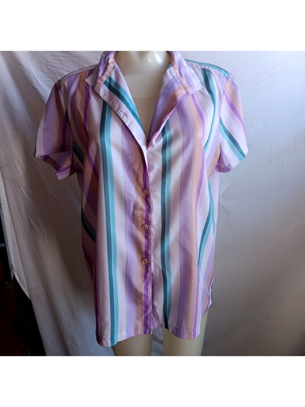 Women's large Vintage 70's Striped Button-Up Blouse Pastel Purple/Teal Stripes